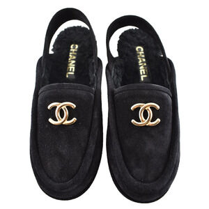 Chanel 25A Black Suede Shearling CC Moccasin Ballet Slingback Loafer Flat 39